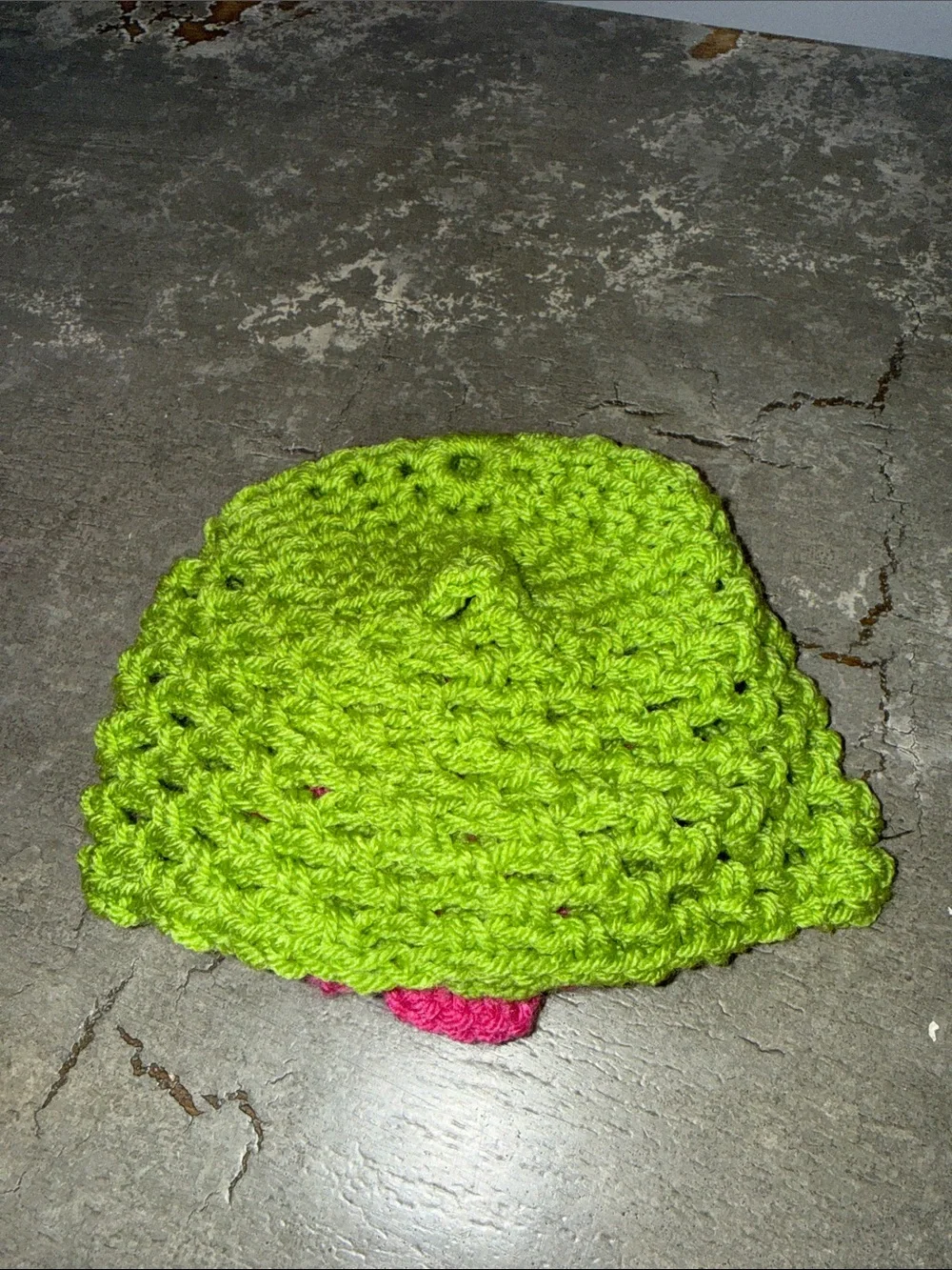NWOT Handmade Green Crochet Beanie with Pink Flower and rhinestone Accent
